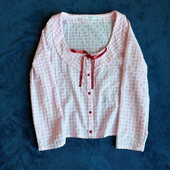 NA-KD Pink Gingham Long-Sleeved Blouse - Picture 2 of 6